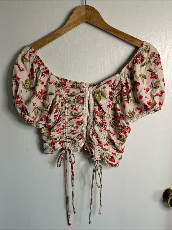 meraki Tops - Meraki Sz M Strawberry Smocked Cropped Puff Sleeve Hook Front Corset Blouse Boho